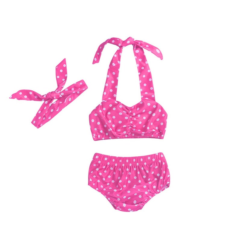 Aalizzwell Baby Girl Bikini,Kids Toddler Polka Dot Swimsuits Halter Swimwear Bikinis Set with Headband (Pink, 3-6 Months) - Image 1